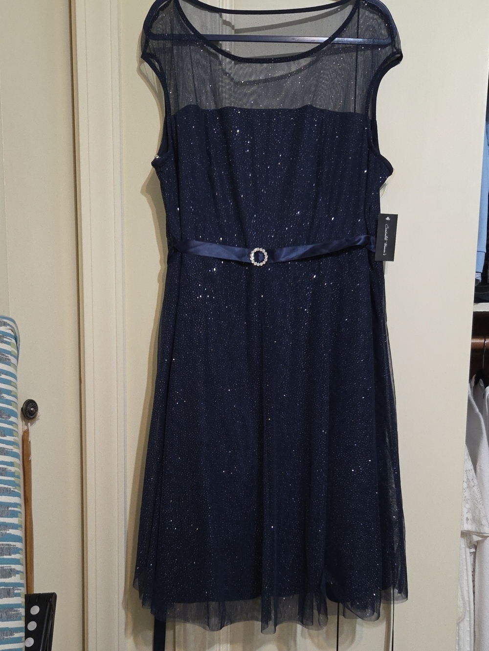 Sparkling Silver And Navy Tulle Formal Dress with Satin Belt
